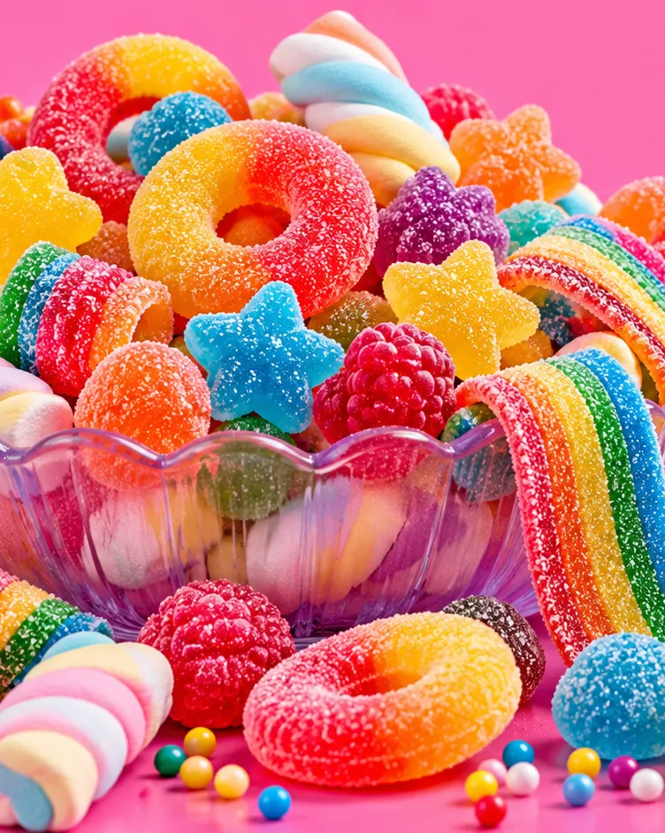 A glass bowl overflowing with sugar-coated candy: rainbow sour belts, gummy rings and stars, raspberry gummies and twisted marshmallows on a pink table