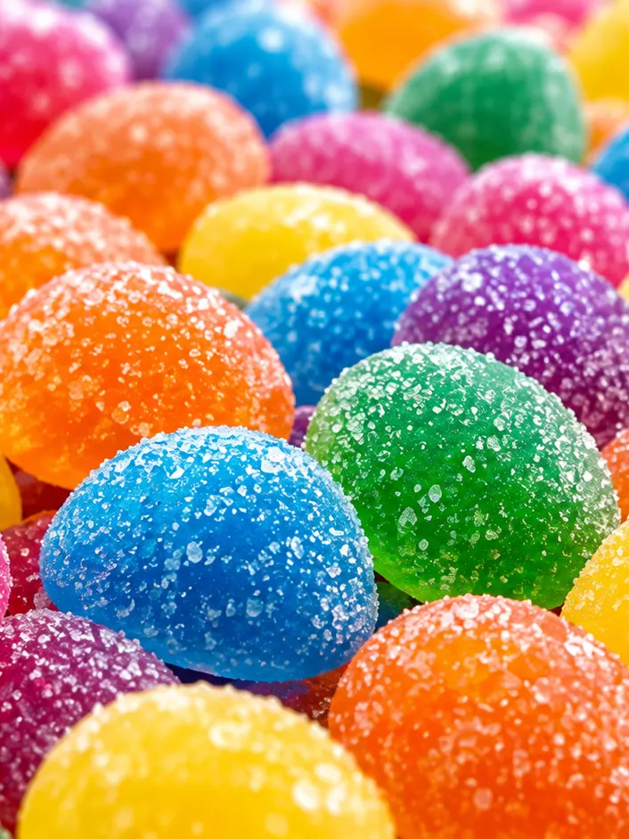 A mound of sugar-coated jelly drops in every color