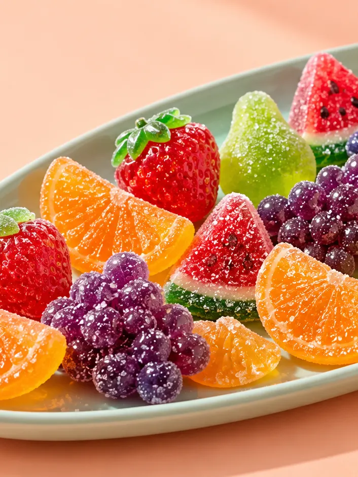 A platter of fruit-shaped jellies: strawberries, orange slices, watermelon wedges, pears and grape bunches
