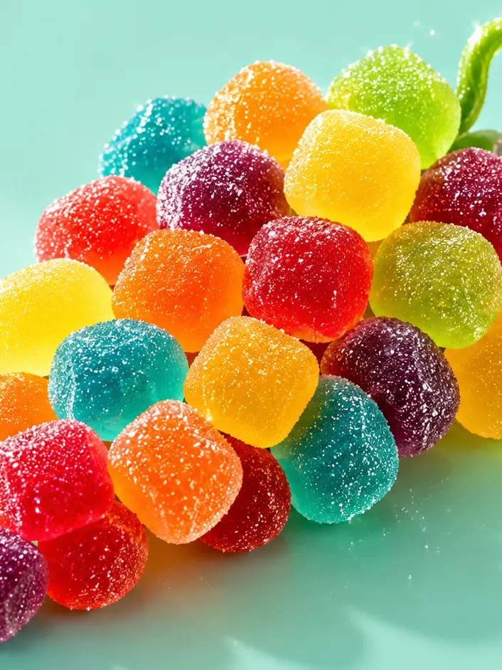 Rainbow sugared gummy cubes piled like a bunch of grapes with a green vine