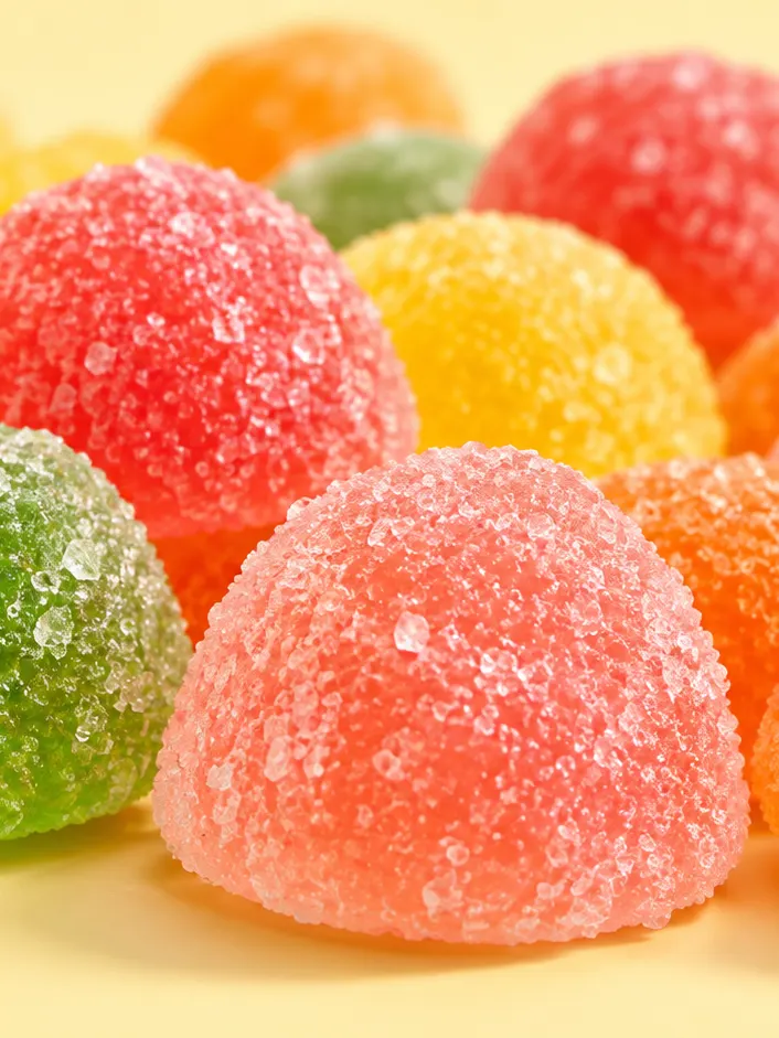 Close-up of sugared gumdrops in orange, green, pink and yellow