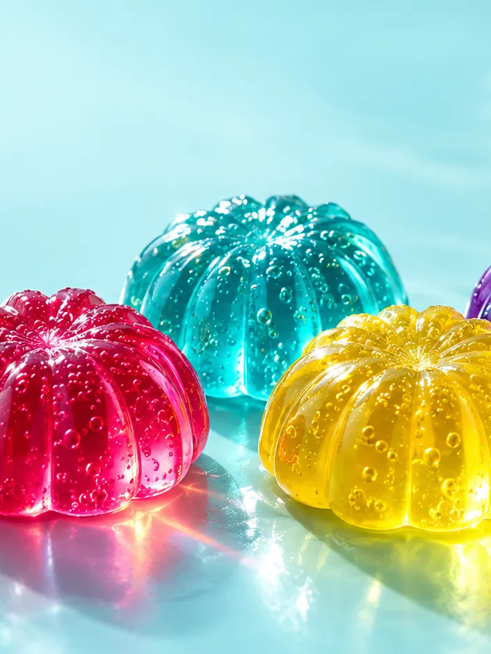 Glossy, see-through jelly domes in pink, teal and yellow on a light-blue surface