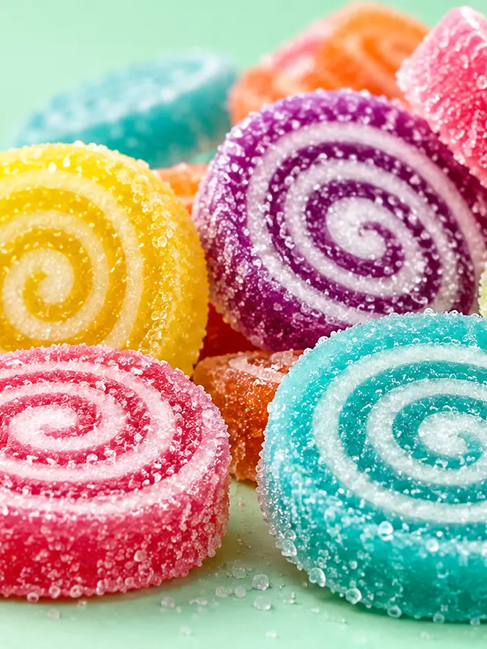 Sugar-coated spiral jelly pinwheels in orange, yellow, pink, purple and teal