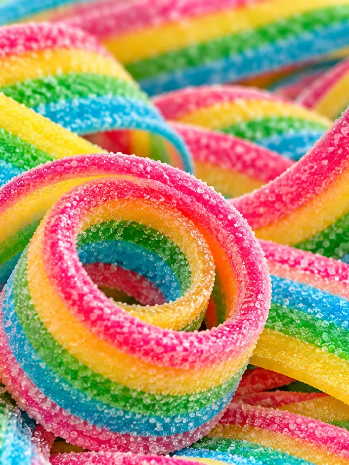 Rainbow-striped sour belts dusted with sparkly sugar, curled into loops