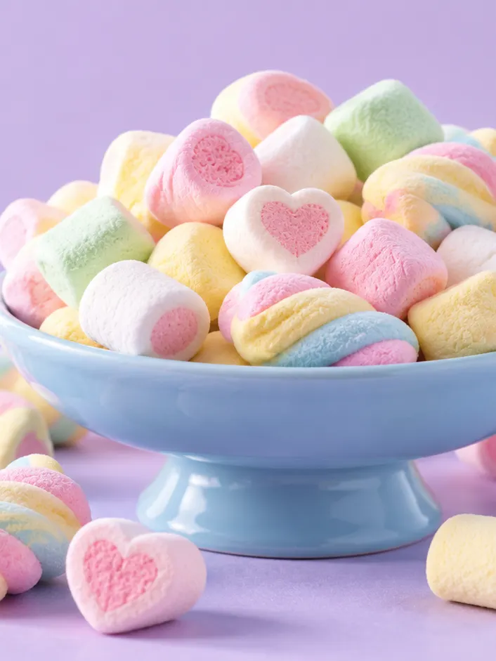 A blue bowl of pastel marshmallows, some heart-printed, with marshmallow twists around it