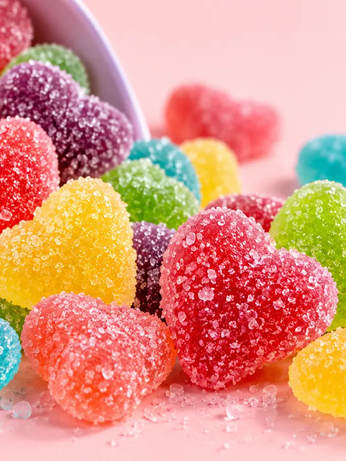 Sugar-crystal heart gummies in pink, yellow, green and purple spilling from a lavender scoop