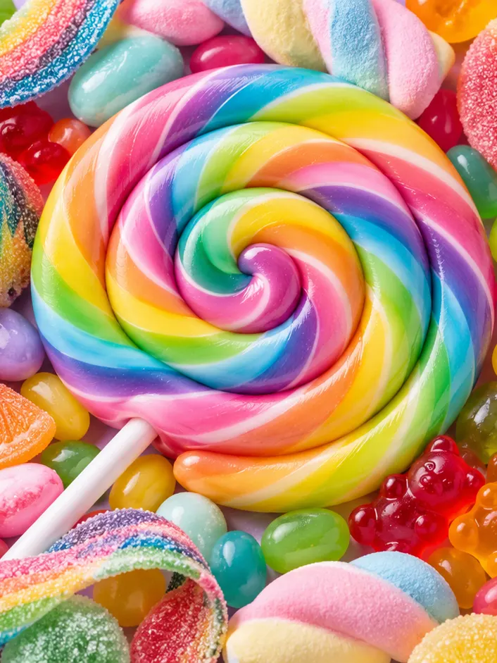 A rainbow swirl lollipop among marshmallow twists, sour belts, jelly beans and gummy bears