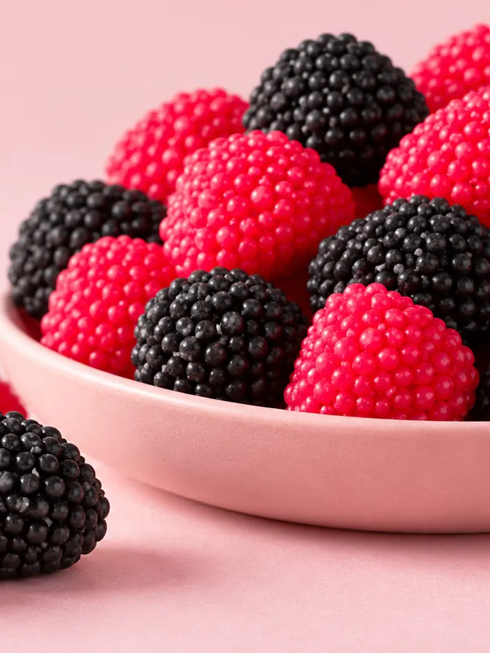 Red and black berry-shaped gummies covered in sugar beads, in and around a pink bowl