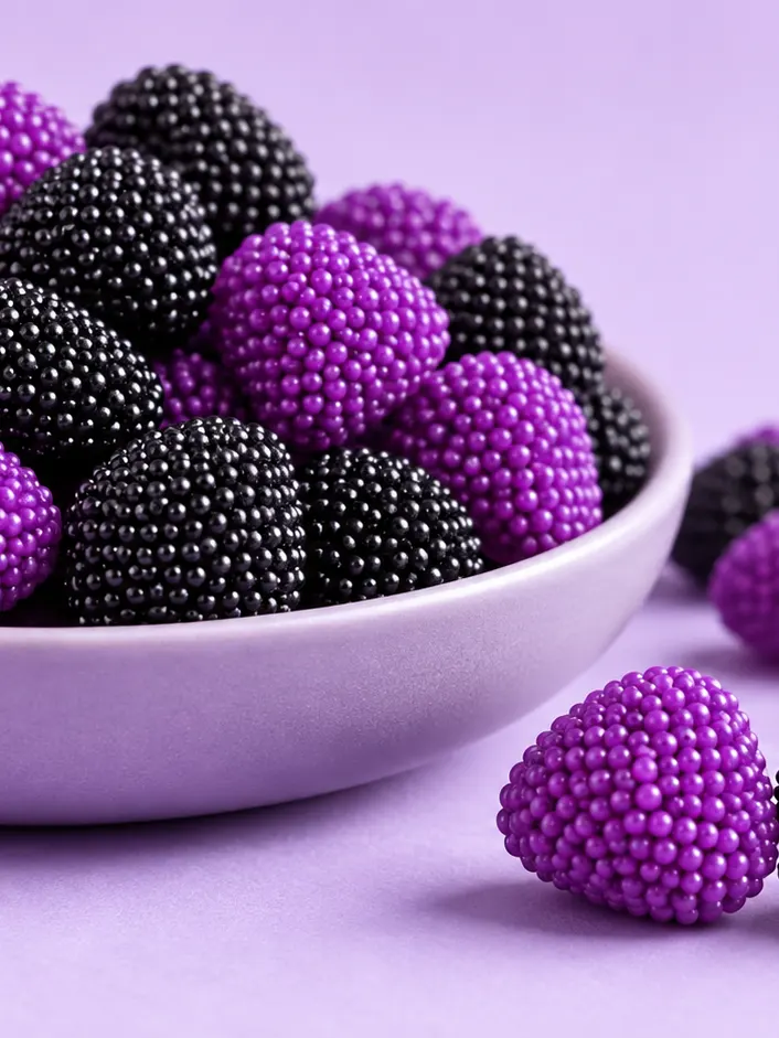Purple and black berry-shaped gummies covered in sugar beads, in a lilac bowl