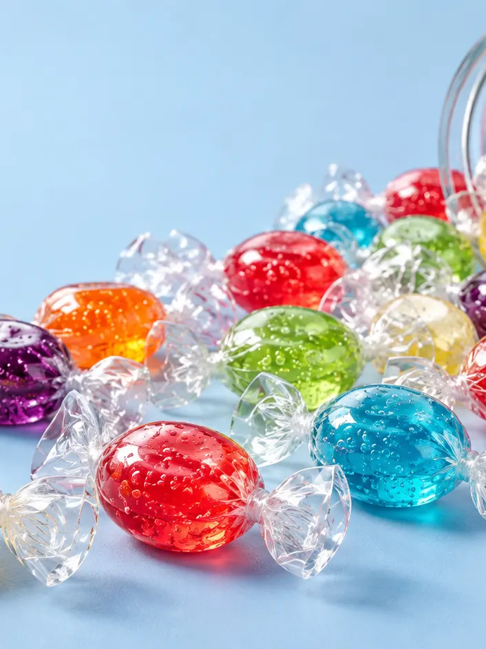 Round, jewel-colored hard candies in clear twist wrappers spilling from a glass jar
